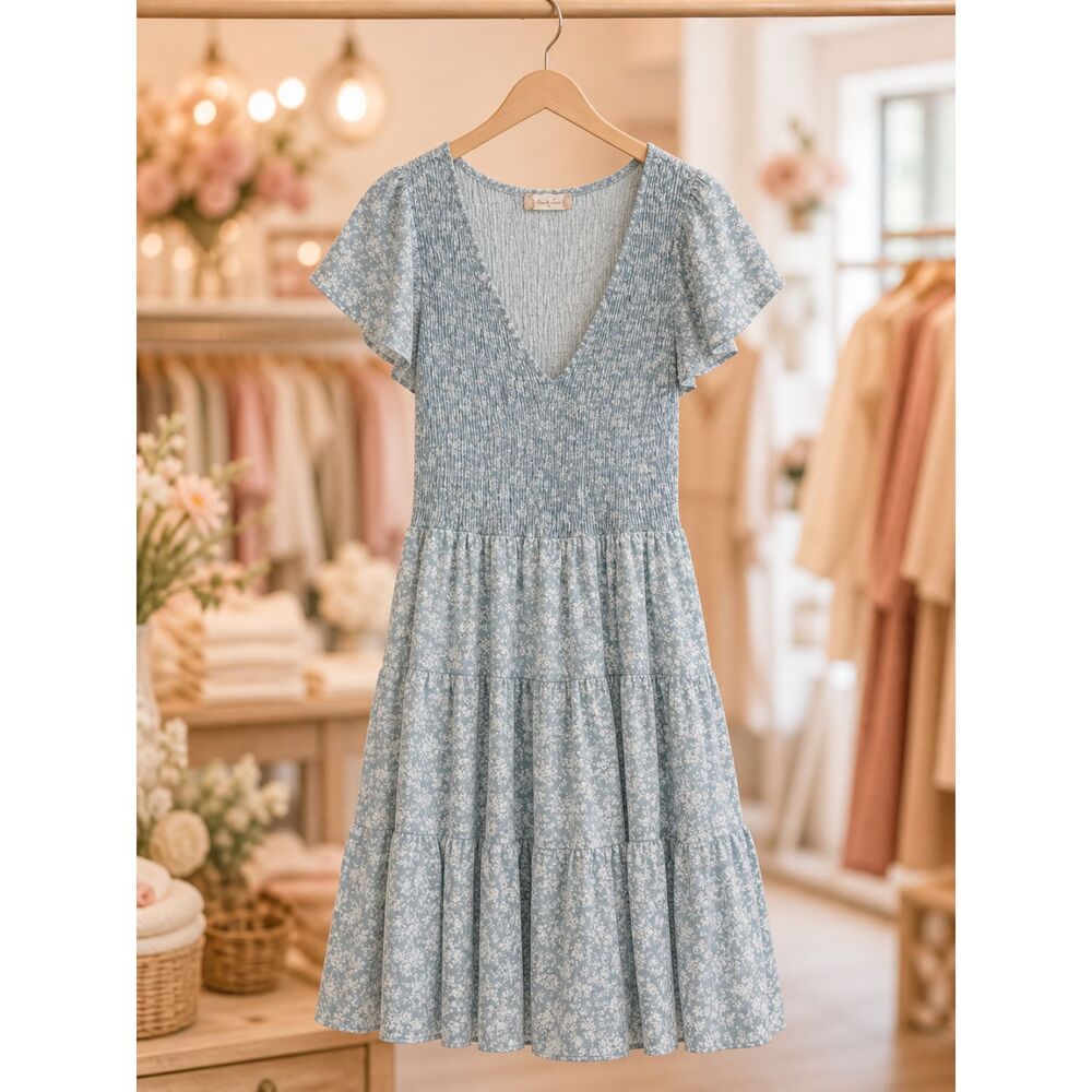 2 for $20 Altar'd State Sage Green Floral Smocked Tiered Midi Dress Large